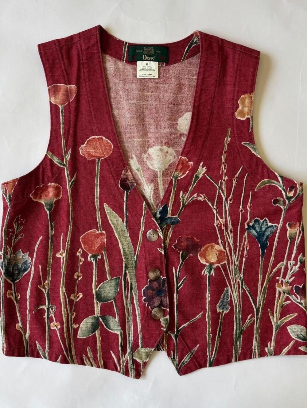 VINTAGE ORVIS RED FLORAL COTTON FLAX BUTTON FRONT VEST M